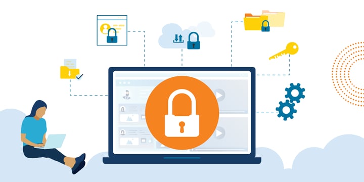 drawing of a woman sitting on a cloud and using a computer that is surrounded by various symbols of security